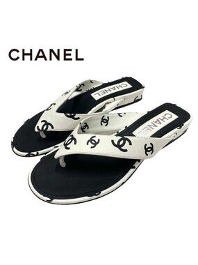 Chanel Sandals Shoes Leather White Black Thong Flat Heremark